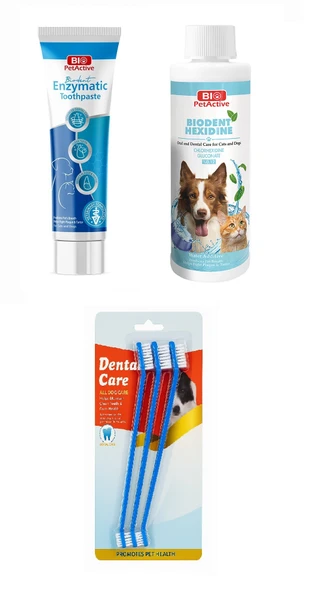 Bio PetActive Biodent Enzymatic Köpek Diş Macunu 100 ML + Biodent Hexidine 250 ML + Diş Fırçası 3 Lü ürün görseli 1