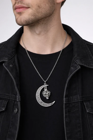 Karanlıkta Parlayan Hilal Kafatası Vintage Gümüş Renk Unisex Kolye ürün görseli 1