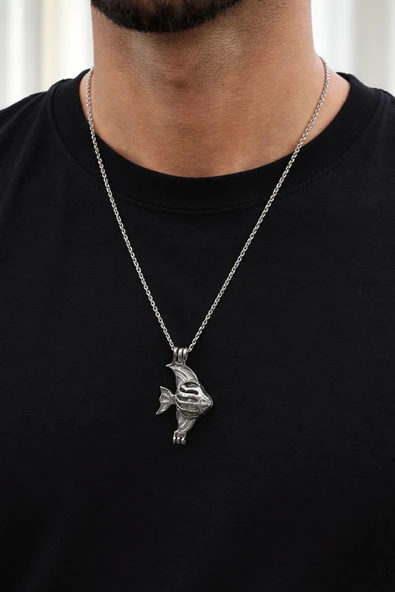 Karanlıkta Parlayan Balık Figürlü Charm Kolye I Gümüş Renk Zincir Unisex ürün görseli 1