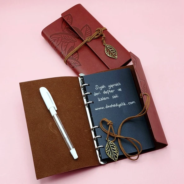 Kahverengi Siyah Yapraklı Deri Defter Ve Beyaz Jel Kalem Set ürün görseli 1