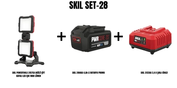 SKIL Set-28 (SKIL POWERTOOLS 3157CA AKÜLÜ ÇİFT KAFALI LED IŞIK 1800 LÜMEN+SKIL 3104AA 4,Ah Li BATARYA PROMO+SKIL 3122AA 2,4 A ŞARJ CİHAZI) ürün görseli 1