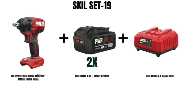 SKIL Set-19 ( SKIL POWERTOOLS 3241CA AKÜLÜ 1/2" DARBELİ SOMUN SIKMA+2xSKIL 3104AA 4,Ah Li BATARYA PROMO+SKIL 3122AA 2,4 A ŞARJ CİHAZI) ürün görseli 1