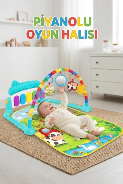 4'ü 1 Arada Müzikli Işıklı Oyuncaklı Aynalı Piyano Setli Çiftlik Temalı Oyuncak Oyun Halısı ürün görseli 1
