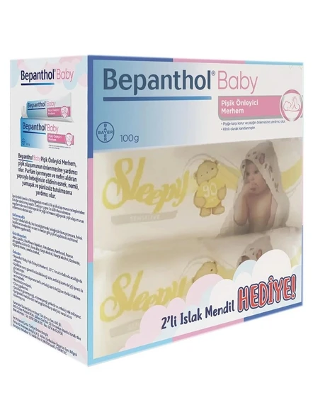Bepanthol Baby Pişik Önleyici Merhem 100 Gr + 2 Paket Sleepy Sensitive 90 Lı Islak Havlu ürün görseli 1