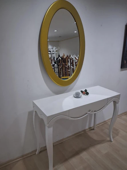 Dresuar Cnc Çökertme 90671 Model Oval Gold Renk Ayna Lake Beyaz Tabla Kayn Aslan Ayak ürün görseli 1