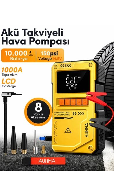 Auhma A8822 4-in-1 Akıllı Akü Takviye Cihazı ve Hava Pompası - 10000mAh Powerbank & SOS Fener ürün görseli 1