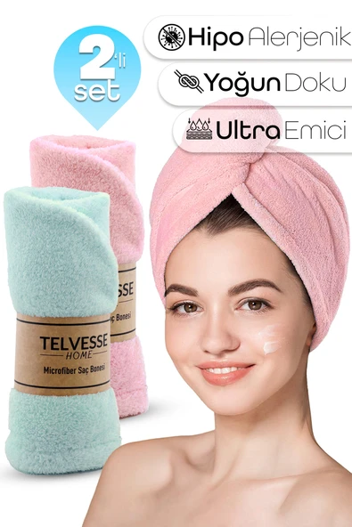 2li Set Mikrofiber Saç Havlusu Plaj Deniz Havuz Bonesi Banyo Saç Kurutma Baş Havlusu Turkuaz-Pembe ürün görseli 1