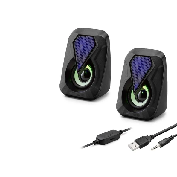 Masaüstü Hoparlör 1+1 USB + 3.5mm LED - Siyah HD6054 ürün görseli 1