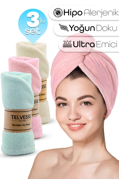 3lü Set Mikrofiber Saç Havlusu Plaj Deniz Havuz Bonesi Banyo Saç Kurutma Baş Havlusu KRM-PMB-TRKUAZ ürün görseli 1