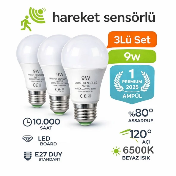 Hareket Sensörlü Led Lamba 3 Adet Let Ampül Beyaz Işık 9w %80 Tasarruflu Otomatik Yanıp Söner ürün görseli 1