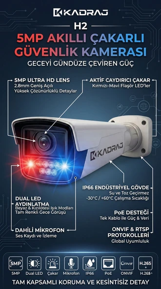 5MP Dual Led - IP Kamera - Çakarlı - Dahili Mikrofon - OnVif - RSTP Güvenlik Kamerası ürün görseli 1
