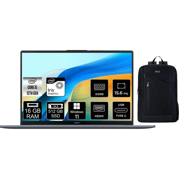 Matebook D16 2024 Intel Core I5 12450H 16GB 512GB SSD Windows 11 Pro 16" Taşınabilir Bilgisayar + Boz Çanta ürün görseli 1