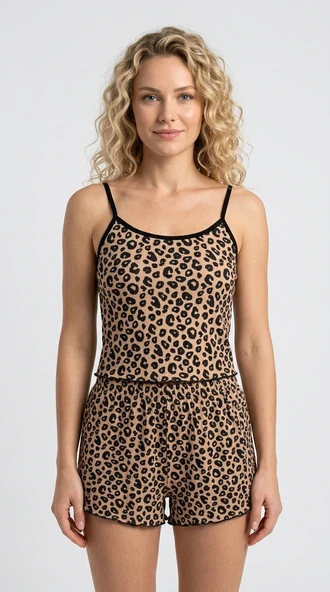 Kadın Leopar Desenli Askılı Şortlu Pijama Takımı - Resim 4