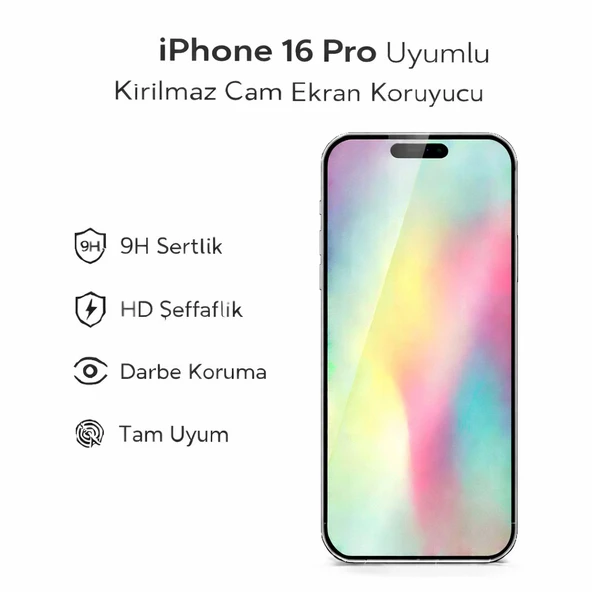 iPhone 16 Pro Uyumlu Kırılmaz Cam Ekran Koruyucu 9H Temperli Cam HD Şeffaf ürün görseli 1