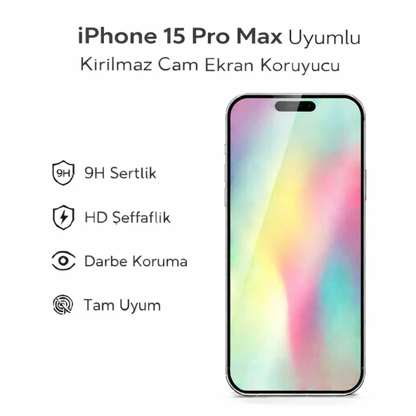 iPhone 15 Pro Max Uyumlu Kırılmaz Cam Ekran Koruyucu 9H Temperli Cam HD Şeffaf ürün görseli 1