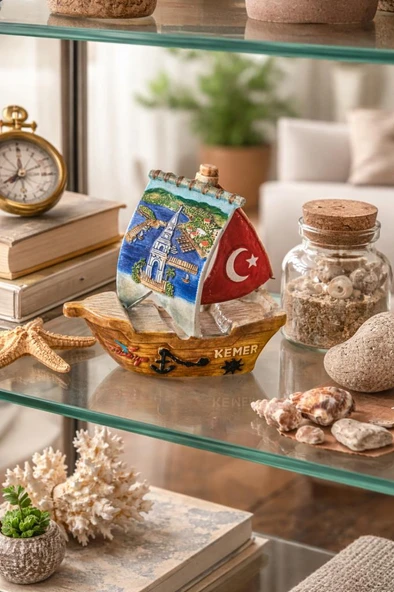 Yelkenli Gemi Biblo Seramik Dekoratif Biblo 13x13 cm Kemer Temalı Deniz Teması Türk Bayrağı Detaylı ürün görseli 1