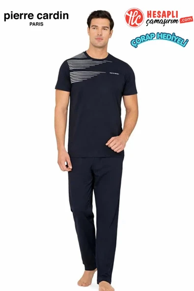 Pierre Cardin Paris Premium Erkek Bisiklet Yaka Pamuklu Rahat Kısa Kollu Pijama Takım Çorap Hediyeli ürün görseli 1