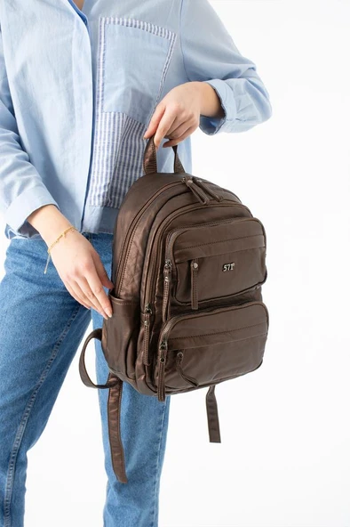 Vegan Deri Kadın Sırt Çantası Günlük Kullanıma Uygun Çok Cepli Yıkama Suni Deri 30*25 Cm ürün görseli 1