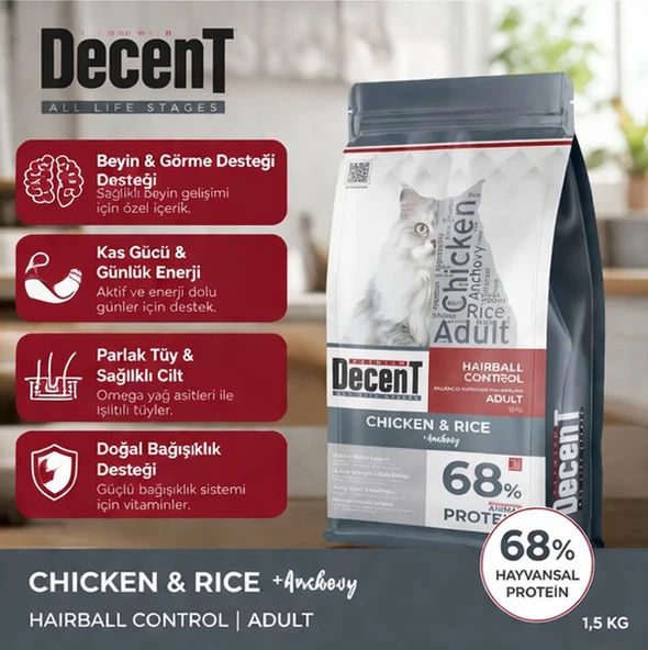 Decent Tavuklu Yetişkin Kedi Maması 1,5 Kg Hairball Control Tavuk & Pirinç Yetişkin Kedi Maması ürün görseli 1