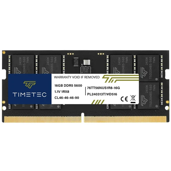Timetec 16 GB DDR5 5600 MHz PC5-44800 Arabelleksiz ECC Olmayan 1.1 V CL46 1Rx8 Tek Sıralı 262Pin SODIMM Dizüstü Bellek RAM Modülü Yükseltme ürün görseli 1