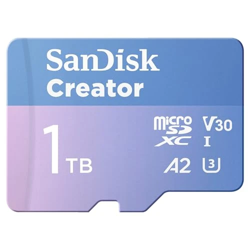 SanDisk Creator microSDXC UHS-I hafıza kartı 1 TB + adaptör (akıllı telefonlar, kameralar ve drone'lar için, 5,3K ve 4K, A2, C10, V30, U3, 190 MB/s'ye kadar aktarım, 3 aylık Adobe Lightroom dahil) ürün görseli 1