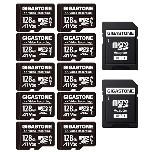 GIGASTONE 128 GB MicroSDXC hafıza kartı paketi, 10 + SD adaptör, aksiyon kamerası, GoPro, drone ve tablet için, 85 MB/s'ye kadar, Full HD video kaydı, Mikro SD kart UHS-I Sınıf 10 U1 ürün görseli 1