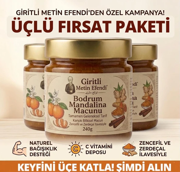 3 Kavanoz Giritli Metin Efendi Bodrum Mandalina Macunu Zencefil, Zerdeçal, Havlıcan, Nane, Kekik, Okaliptus Yağı Içeren Macun 3x240 gr ürün görseli 1