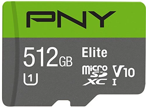 PNY Elite 512 GB microSDXC hafıza kartı + SD adaptörü, 100 MB/s okuma hızı, Sınıf 10 UHS-I, U1, A1 Uygulama Performansı, Full HD video için V10, P-SDU512U190EL-GE ürün görseli 1
