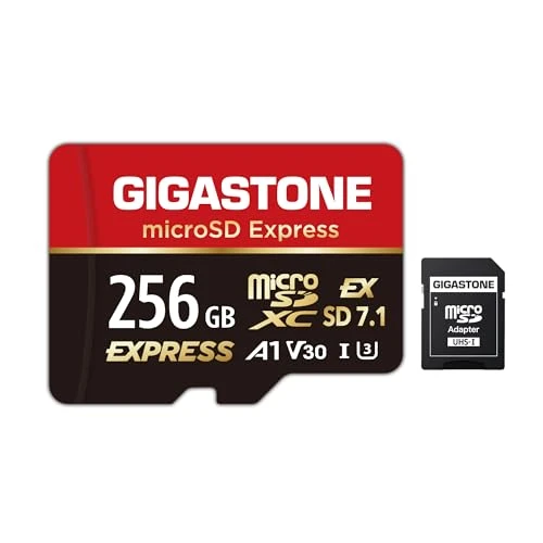 GIGASTONE 256 GB microSD Express + SD adaptör, 880/650 MB/s'ye kadar, MicroSDXC Express hafıza kartı SD 7.1, Nintendo Switch 2 ile uyumlu, profesyonel kamera, A1 V30 U3 UHS-I ürün görseli 1