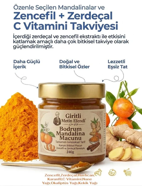 Giritli Metin Efendi Bodrum Mandalina Macunu Zencefil, Zerdeçal, Havlıcan, Nane, Kekik, Okaliptus Yağı Içeren Macun 240 gr ürün görseli 1