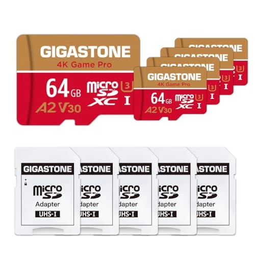 Gigastone 4K Game Pro 64 GB 5'li MicroSDXC hafıza kartı paketi ve 4K video kaydı için 95 MB/s'ye kadar A2 uygulama performansına sahip SD adaptör, Switch ile uyumlu, Mikro SD kart UHS-I U3 V30 ürün görseli 1
