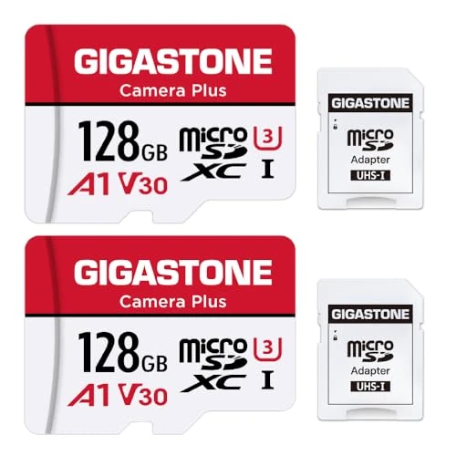 GIGASTONE 128GB MicroSDXC hafıza kartı paketi, 2 + SD adaptör, Camera Plus, 100 MB/s'ye kadar. aksiyon kamerası, GoPro ve drone için, A1 V30 U3 UHS-I, mini çantalı Micro SDHC kart. ürün görseli 1