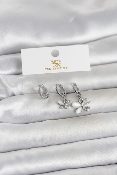 Pirinç Gümüş Renk Kelebek Model 3'lü Kadın Küpe - TJ-BKP11708 ürün görseli 1