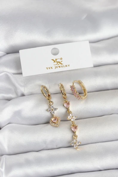 Pirinç Gold Renk Pembe Zirkon Taşlı 3'lü Kadın Küpe - TJ-BKP11707 ürün görseli 1
