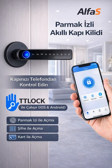 Akıllı Kapı Kolu TTLock Z3 Siyah Şifreli Kartlı Mobil Uygulama PVC Alüminyum Ahşap Uyumlu Parmak İzi ürün görseli 1