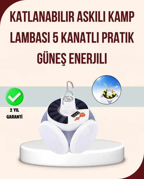 Güneş Enerjili Usb Şarj Edilebilir 5 Modlu Katlanabilir Led Kamp Işığı ürün görseli 1