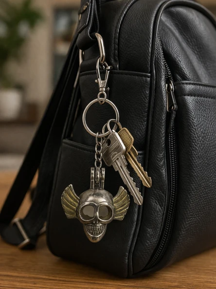 Karanlıkta Parlayan Kanatlı Kurukafa Metal Anahtarlık Unisex Aksesuar ürün görseli 1