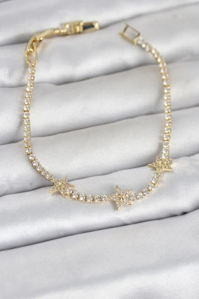Pirinç Gold Renk Minimal Yıldız Model Zirkon Taşlı Su Yolu Kadın Bileklik - TJ-BB8379 ürün görseli 1