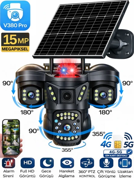 SNR 4G 3 Lensli SIM Kartlı 360° PTZ Solar Güvenlik Kamerası Güneş Panelli Gece Görüşlü Dış Mekan ürün görseli 1