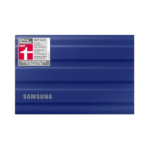 Samsung Taşınabilir SSD T7 Kalkanı, 2 TB, USB 3.2 Gen.2, 1.050 MB/s Okuma, 1.000 MB/s Yazma, Mac, PC ve Akıllı Telefon için Dış Mekan Sağlam Harici Sabit Sürücü, Mavi, MU-PE2T0R/EU ürün görseli 1