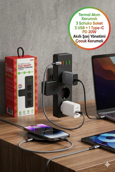 3’lü Akım Korumalı Priz Çoğaltıcı 3 USB + Type-C PD 20W Hızlı Şarj Duvar Tipi ürün görseli 1