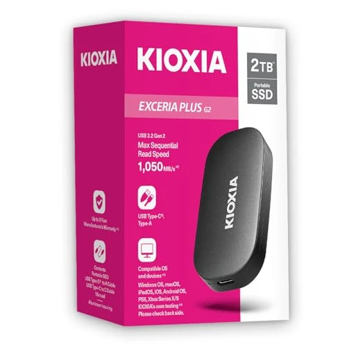 KIOXIA EXCERIA Plus G2 Taşınabilir SSD - 1 TB harici sürücü, USB 3.2 Gen 2, 1050 MB/s'ye kadar okuma ve 1000 MB/s'ye kadar yazma - Windows, macOS, iOS, Android, PS5, Xbox Series X/S ile uyumlu ürün görseli 1
