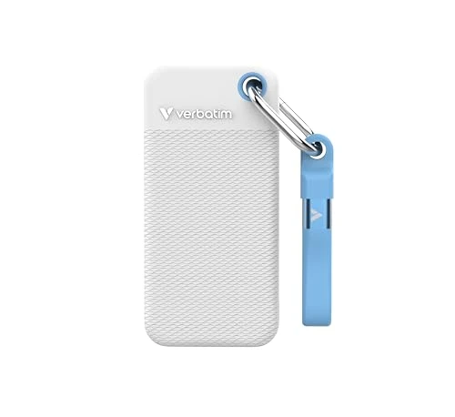 Verbatim Pocket SSD 2 TB, harici SSD USB 3.2 Gen 2, 1000 MB/s'ye kadar okuma ve yazma, harici sabit sürücü, dahil. PC, Mac ve konsol için 2 adet kauçuk kılıf (beyaz ve açık mavi), beyaz ürün görseli 1