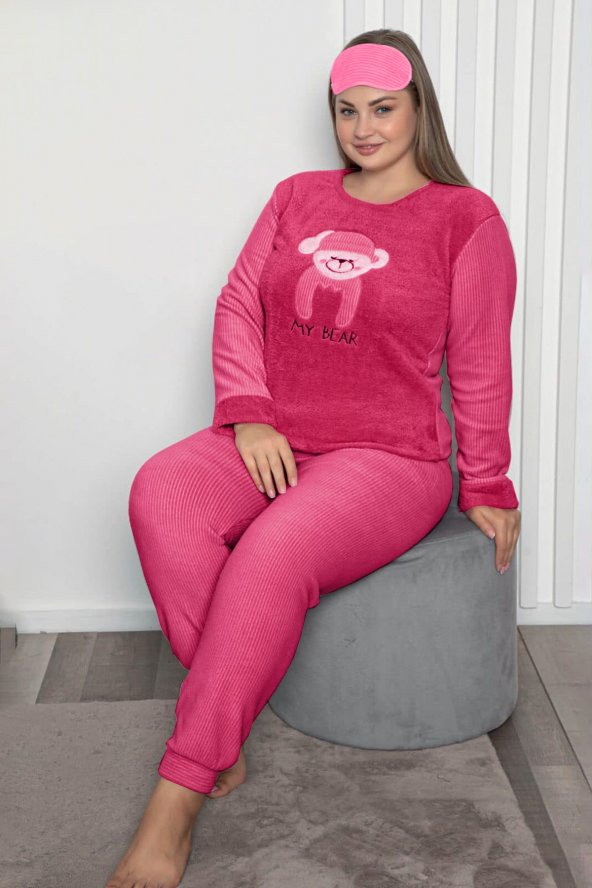 Kadın Koyu Pembe Renk Ayıcık Desenli Polar Kumaş AZL-62000 Pijama Takımı ürün görseli 1