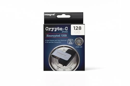 Integral 128 GB Crypto-C Çift Şifreli USB Flash Bellek Çubuğu, Güvenli Çift Şifreli AES-XTS 256-Bit Donanım Şifreli USB 3.2, FIPS 197 Sertifikalı - Mac, MacBook, PC, Dizüstü Bilgisayar için ürün görseli 1