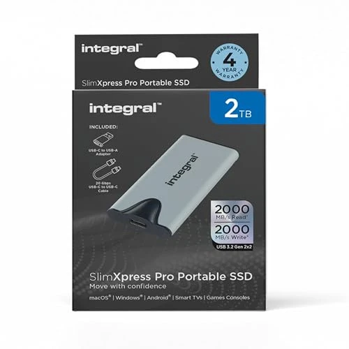 Integral SlimXpress Pro 2 TB Harici Taşınabilir SSD Sabit Sürücü: USB-C, 2000 MB/s Okuma/Yazma, USB 3.2 Gen 2x2, Kompakt, Tak ve Çalıştır, Mac, Windows PC, Android, Xbox, PlayStation ile uyumlu ürün görseli 1