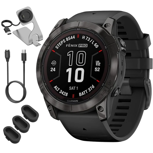 Garmin 010-02778-10 Fenix 7X Pro Solar, Sapphire, Carbon Gray Titanyum, Black Sche with Deco Essentials Şarj Dock, 3X Silikon Toz Kapak ve USB Type C Şarj ve You Cable ürün görseli 1