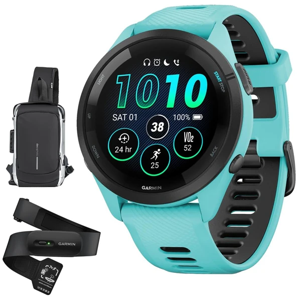 Garmin 010-02810-02 Forerunner 265 GPS Smartwatch, Aqua/Black Sche with HRM 200 Heart Rate Monitor Doğru Kalp Oranı & HRV Data Lavabolanabilir (XS-S) & Deco Essentials Sling Backpack ürün görseli 1