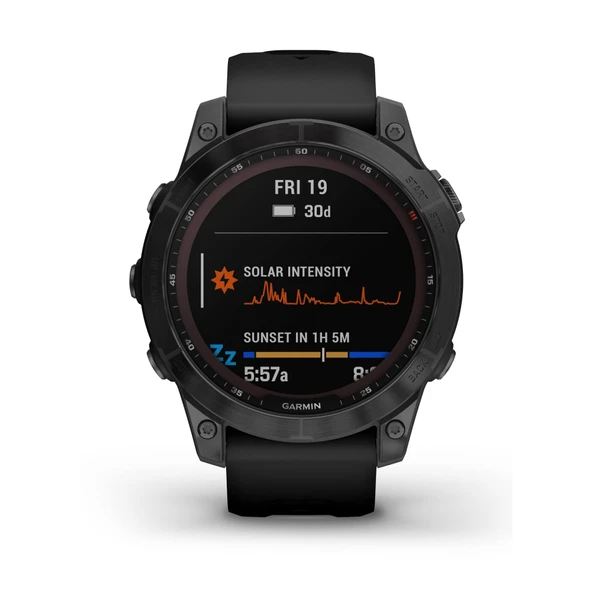 Garmin 010-02540-34 Fenix 7 Sapphire Solar, Adventure smartwatch, Solar Şarj Cap tasks, Rugged Açık GPS Watch, Touchscreen, Health and Wellness Özellikler, Black DLC Titanyum Titanyum, Black Band ile ürün görseli 1