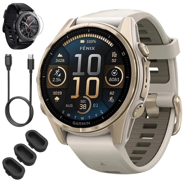 Garmin 010-02903-10 Fenix 8 43mm GPS Smartwatch, Sapphire, Soft Gold with Fog Gray Sandstone Silikon Band Sche with Ekran Koruyucu, 3X Silikon Kapak ve USB Type C Şarj ve Sen Kablo 8 43mm GPS ürün görseli 1